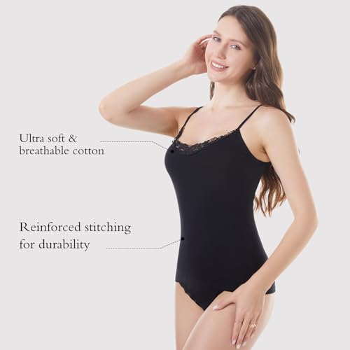 Image of Womens Tank Top Camisoles with Premium Cotton Italian Design - Trimmed with Flower Lace on Neckline