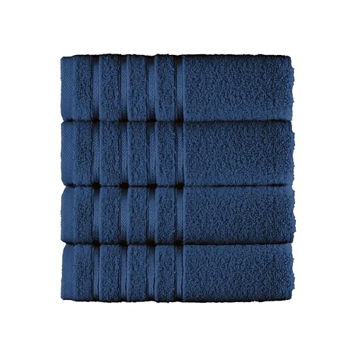 Image of Elegant Comfort 100% Turkish Cotton 4 Lines Viscose Stripe Luxury 4 Pack Hand Towel Set - Ultra Absorbent and Soft 16 x 28 Inch Premium Hotel Spa Quality Towels for Everyday Bath Use, Navy Blue