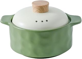 Olla de arcilla simple y creativa con patrón de piedra amasada a mano, color sólido resistente al calor con tapa, 2600 ml, verde