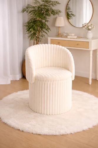 BLOOM BLENDS Teddy Boucle Tub Chair With Hidden Storage Round Vanity Seat With Curved Back and Lift-Off Lid Wooden Frame 150kg 46 x 62 cm (Ribbed Cream)