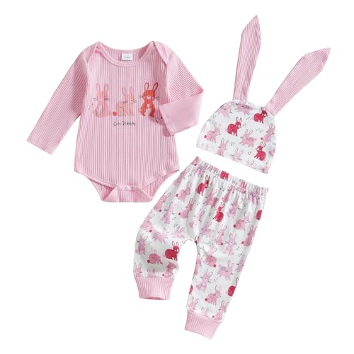 Image of Bonangber Newborn Baby Girl Easter Outfit Ribbed Bunny Print Long Sleeve Romper and Pant with Hat Easter Baby Girl Outfit