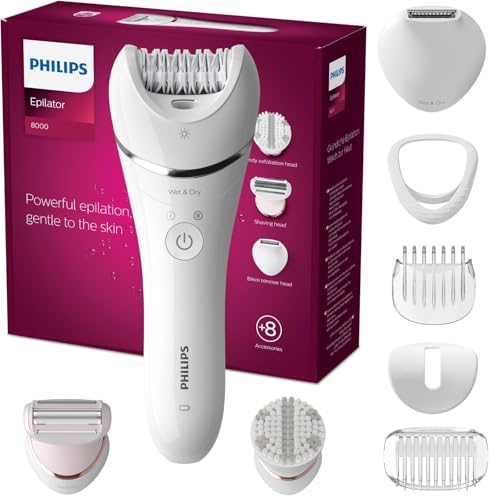 Philips Depiladora Mujer Serie 8000, 8 en 1, Para Cuerpo, Cara, Pies y Bikini, Uso en Seco o Humedo, Piel Suave desde Casa, Cabezal Ceramico, BRE735/00, Blanco