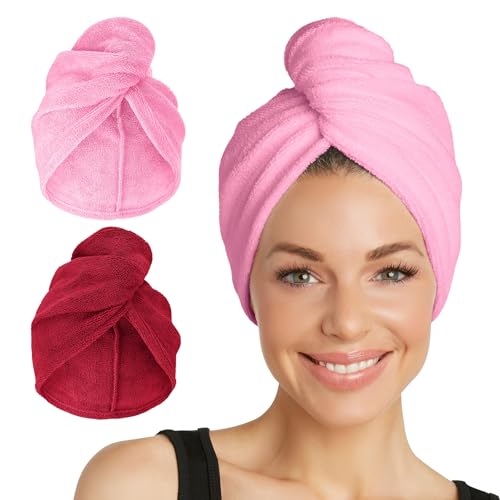 Turbie Twist 2-Pack Microfiber Hair Towel for Beauty, Travel, Gifting - Wrap Turban for Straight, Wavy & Curly Hair - Premium Personal Care - Deep Claret & Sea Pink