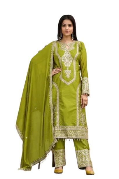Image of Traditional Embroidered Pakistani Salwar Kameez Set, Pista Green, Cotton Silk with Zari Work