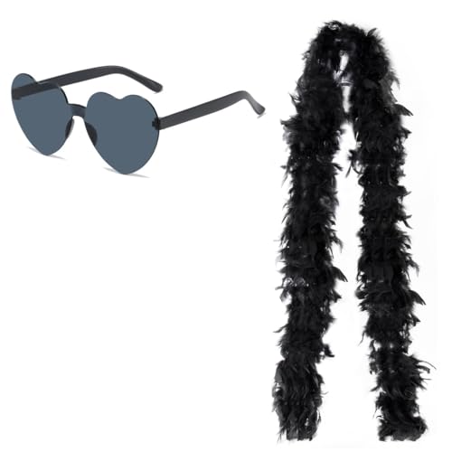 NHP Boa de Plumas Con Gafas de Sol Sin Marco,2 M Plumas Negras para Disfraz,Boa Plumas Esponjosa,Bufanda Plumas Negras,Boas de Plumas para Fiestas,para Fiesta de Disfraces de Boda,Carnaval,Halloween