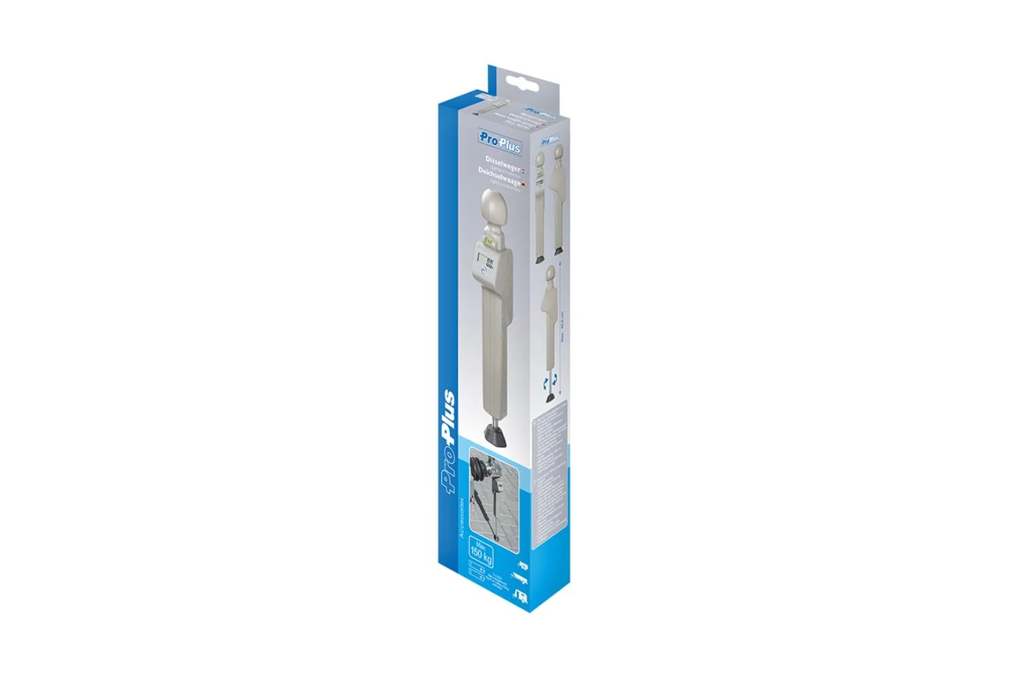 ProPlus Báscula Digital de Carga Vertical para Caravana hasta 150 kg, Medidor de Presión de Enganche con Pantalla LCD y Nivel de Burbuja para Remolques, Altura 325-466 mm
