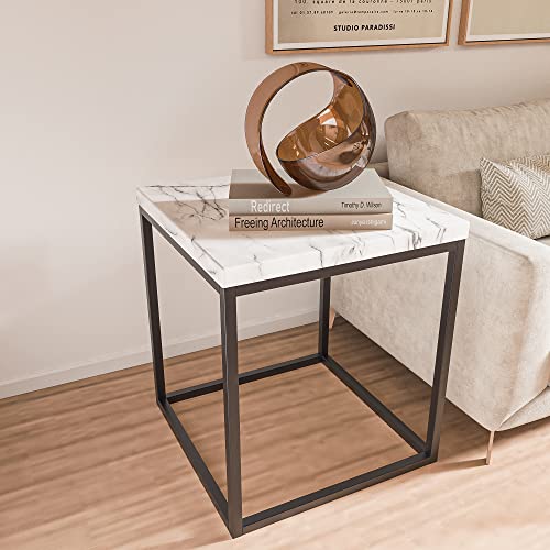 Roomfitters 17.7" Faux Marble Square End Table For Living Room, Modern Square Side Table, Marble Nightstand For Bedroom, Square Sofa Table, Cocktail Table, Bedside Table, Black Metal Frame #TOP29