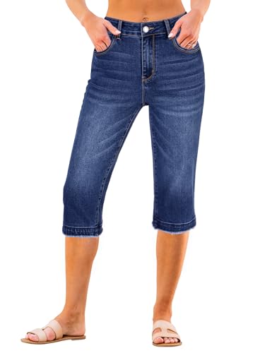 luvamia Jean Capris for Women Stretchy Mid Raw Hem Womens Cropped Jeans Straight Leg Womens Clothes Trendy Darkness Blue Medium