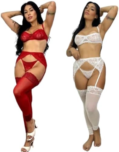 Kit 2 Conjunto Lingerie Sexy Cinta Liga Completo Em Renda Com Mei...