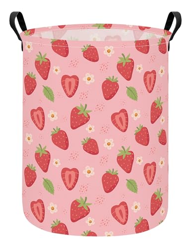 Image of Round Laundry Basket Collapsible Storage Hamper Flower Strawberry | Waterproof Canvas Foldable Baskets with sturdy Handles Multi-scene Organizer for Home Play Bedroom Gift Bin