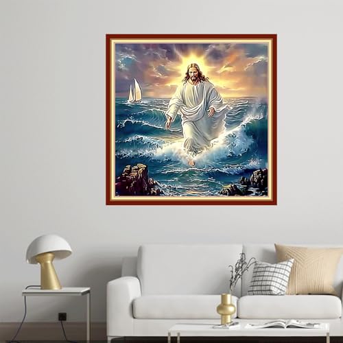 Image of Joyhoor Cross Stitch Kits for Beginners Stamped Cross-Stitch Supplies Needlework preprint Embroidery Kits for Adults DIY Needlepoint Kit Embroidery Patterns 11CT-Jesus on the Sea 18x18 inch
