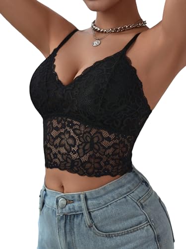 Verdusa Women's Floral Lace Corset Tops Rave Outfits Sleeveless Crop Tops Festival Outfits Black Large