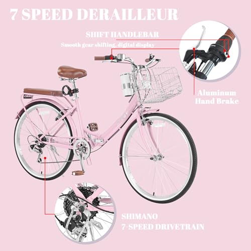 Image of 24 /26 Inch Folding Beach Cruiser Bike for Women, 7-Speed Foldable Bicycle with Basket & Cup Holder, Adult Commuter Bike with Adjustable Seat, Dual V-Brake System