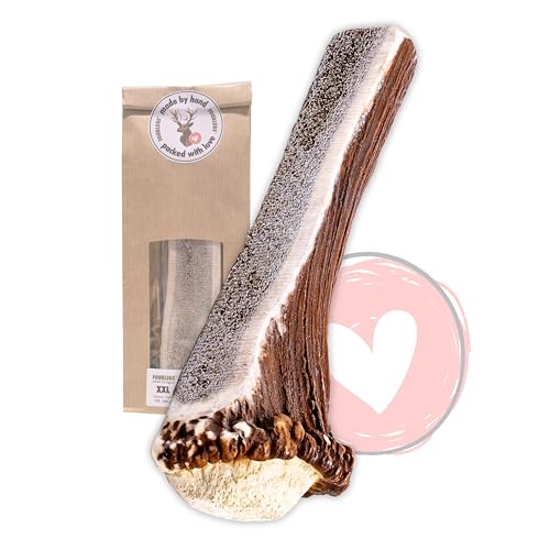 FOURLEGS® natürlicher Kausnack für Hunde aus 100% Hirschgeweih - Mineralstoffe, Kauspielzeug, Kaustange, Wildgeschmack, Geweih, Knochen, Hirsch, Kauartikel - Größe XXL halbiert