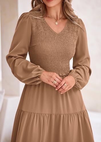 Image of PRETTYGARDEN Fall Dresses for Women 2025 Casual Long Sleeve V Neck Smocked A Line Long Flowy Wedding Guest Dress (Khaki,Medium)