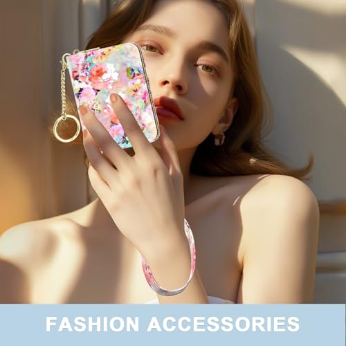 Image of Aiawoxc Credit Card Holder, Small RFID Wallet Slim Leather Card Organizer Case with Zipper and Wristlet Strap, Watercolor Flowers