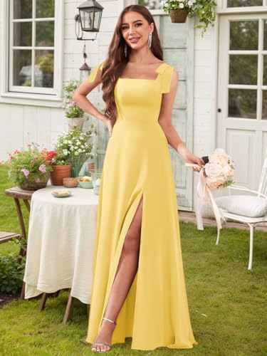 Women's Chiffon Bridesmaid Dresses with Slit Long Square Neck A-Line Formal Dress Evening Gown4