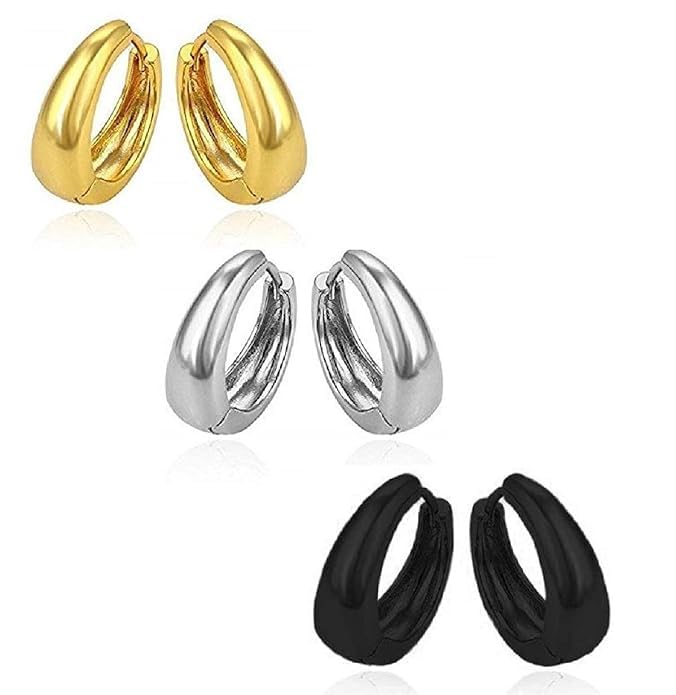 denicrass Mahalakshmi Men Jewellery| Fancy Black & Silver Studs Combo Stylish Hoop Clip on Earings;3 Pair Silver Gold Black 316L Stainless Steel Studs Earring Bali Earrings for Men and Boys-picture-30