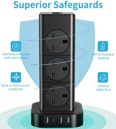 Hulker 5M Tower Extension Lead with USB, Vertical Power Strip 12 Way 4 USB Slots (1 Type C and 3 USB Ports) Multi Plug Extension Socket with Overload Protection 3250W 13A 5 Meters Long Extension Cord