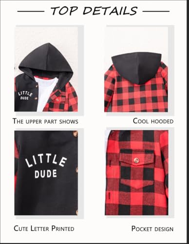 Image of Toddler Boy Clothes Plaid Hooded Shirt White T-shirt Top and Solid Color Pants 3Pcs Winter Boys Clothes
