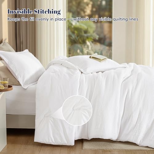 Image of PHF Cotton Muslin Comforter Set Queen - 100% Cotton Cover, Ultra Soft & Breathable, 3PCS Lightweight All-Season Bedding with Polyester Fill, 1 Comforter 90 inchx90 inch & 2 Pillow Shams 20 inchx26 inch, White