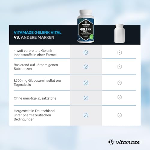 Vitamaze Kapseln hochdosiert mit Glucosamin + Chondroitin + Hyaluronsäure + MSM, 90 Kapseln als 1 Monatskur, Natürliche Nahrungsergänzung ohne Zusatzstoffe, Made in Germany