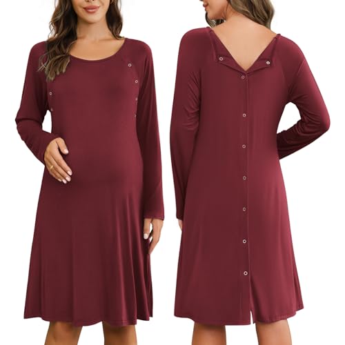 Image of Ekouaer Women Maternity Nightgown Labor Delivery Nursing Gown Hospital Breastfeeding Dress Button Down Long Sleeve Sleepwear