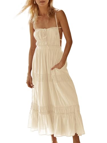 Wenrine Womens Summer Beach Dresses Backless Spaghetti Straps Self Tie Tiered Flowy Casual Maxi Dress with Pockets