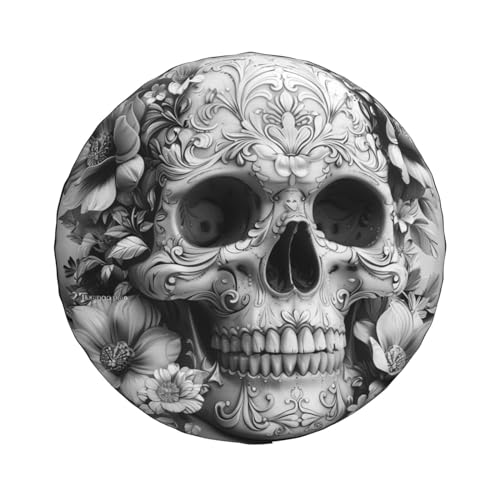 Image of Skull with Flowers Spare Tire Cover, Universal Wheel Tire Cover Funny Skull Skeleton Tire Protectors for Trailer RV SUV Truck Camper 17 Inch