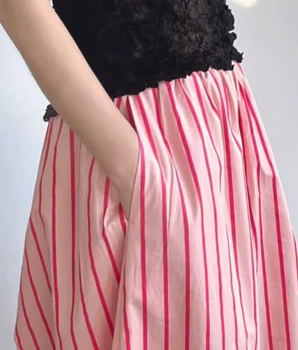 CHARTOU Women's Summer Striped Long Skirt Elastic High Waist Flowy Ruffle Hem A Line Maxi Dress with Pockets3