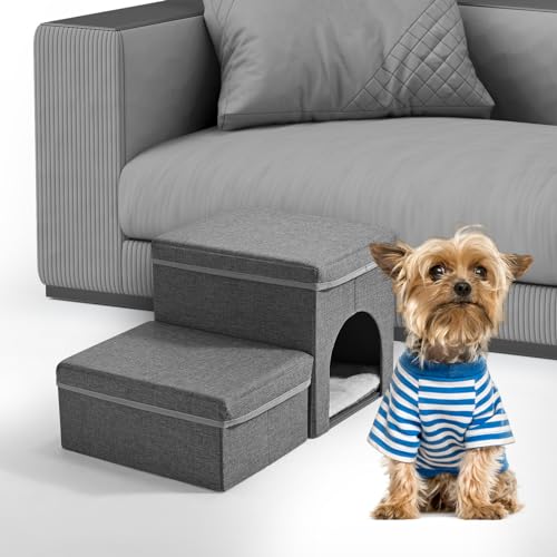 Escaleras para Perros, Sunowl Plegables Escalera Perro de 2 Escalones, Extra Anchos Escalones para Mascotas con Almacenamiento y Casa, Inferior Antideslizante, Escalera para Perros Pequeños