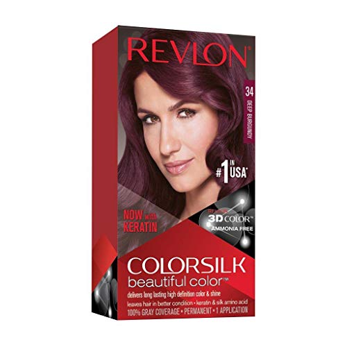 Revlon Colorsilk Beautiful Color, Permanent Hair Dye with Keratin, 100% Gray Coverage, Ammonia Free, 34 Deep Burgundy