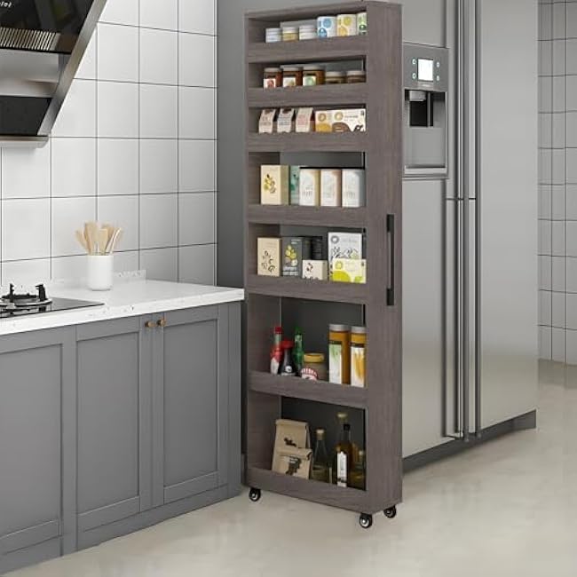 Wood Slim Storage Cart,Rolling Spice Rack Next to Fridge Slim,Rolling Cart for Kitchen Dining Room Gray Oak 5.9¡Á17.7¡Á72.4in-gCaDQ9jI