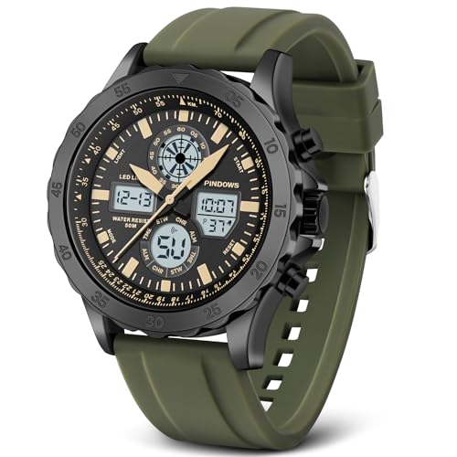 Reloj Deportivo Militar Para Hombre - Analógico Digital, Impermeable, Acero Inoxidable Con Alarma, Cronómetro, LED, Hora, Timbre - Multifunción (Marrón-Verde)