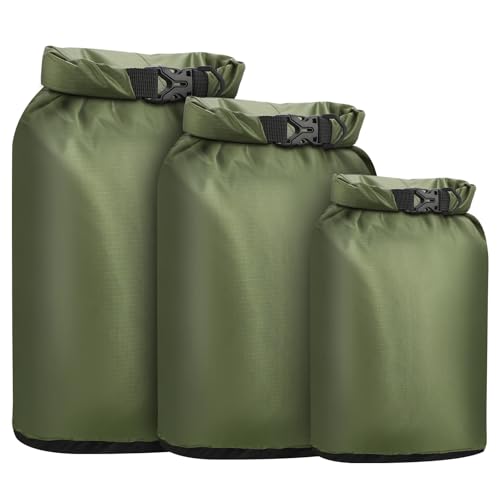 Pimoys Dry Bag Waterproof 3 Pack Lightweight Dry Sack, 6L&10L&20L Outdoor Stuff Sack, Durable Wet Dry Storage Bag for Hiking, Backpacking, Camping, Kayaking, Swimming, Boating- Green