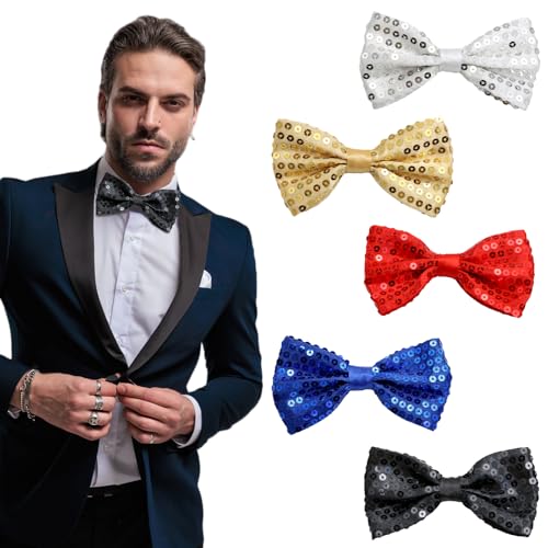 Scettar Papillon Uomo Paillettes, 5 Pezzi Preannodato Papillon Scintillante, 5 Colori PapilloN da Uomo Adatto per Feste, Matrimoni, Cerimonie di Laurea (Rosso, Giallo, Nero, Bianco, Blu)