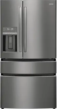 Frigidaire Gallery 21.5 cu ft Counter-Depth 4-Door French Door Refrigerator – 36″ Width, External Ice & Water Dispenser, Convertible Temp Drawer, Smudge-Proof Black Stainless Steel (Model GRMC2273CD)