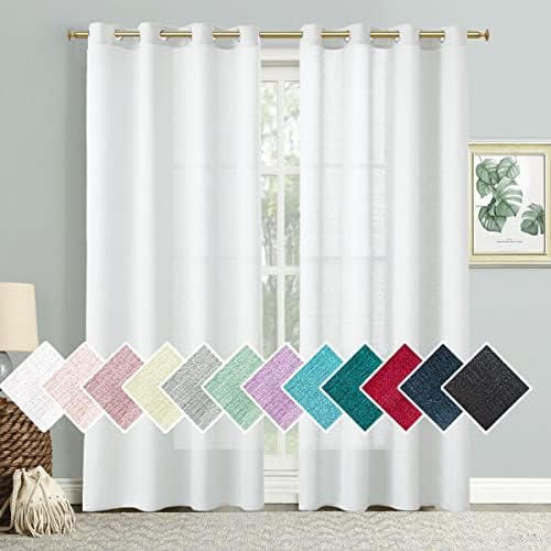 SOFJAGETQ Semi Sheer Curtains 96 Inches Long – White Linen Look Textured Light Filtering Semi Sheer Privacy Curtain Drapes for Bedroom and Living Room, Set of 2 Window Curtain Panels