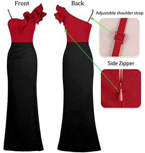 Image of VFSHOW Womens Ruffle One Shoulder Strap Ruched Formal Prom Wedding Maxi Dress V Neck Elegant Split Cocktail Evening Long Gown