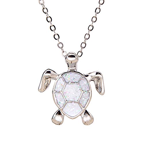 Sea Turtle Pendant Necklace for Women Men Girls Boys, Silver Plated Link Chain Animal Jewlery (White)