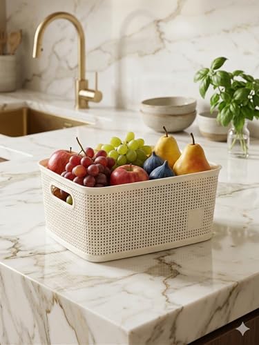 Image of SKI Vogue H1 Multipurpose Storage /Organiser Basket with Lid for Fruits, Toys, Books, Stationery, Cosmetics | Organise Kitchen, Wardrobe, counter-tops - 3 Pcs Set White (Small)