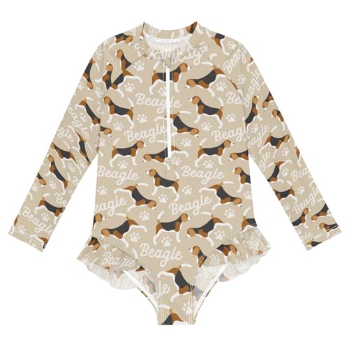 JHKKU Girls Long Sleeve Beagle Dog Swimsuit One Piece Zipper Rash Guard Bathing Suit with UPF 50+ Sun Protection Ruffle Swimwear 3T