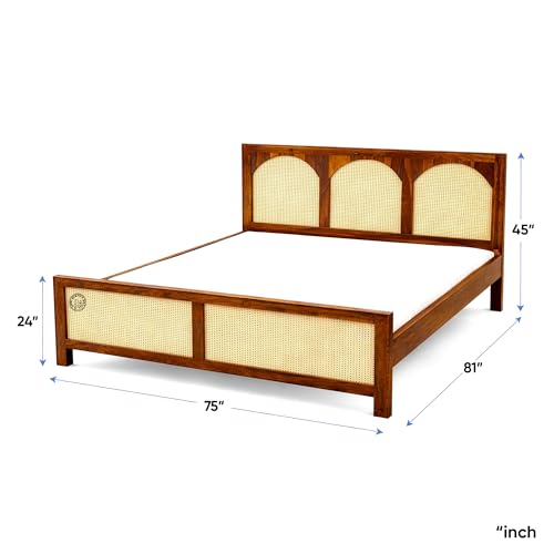 Image of SHRI MINTU'S ART Wooden Cane Bed Frame with Rattan Panels | Solid Wood Platform with Arched Headboard and Footboard | Bedroom Furniture Bed Structure for Mattress Support | (72x78) Inch King Size Bed