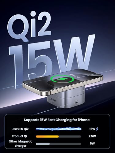 UGREEN MagFlow Qi2 Magnetic Foldable Charging Station, 2-in-1 Fast Wireless Charger Compatible with iPhone 17/17 Air/17 Pro/17 Pro Max 16 15 14 13 12, Airpods3 2 Pro (No AC Adapter), Dark Grey