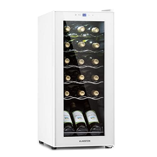 KLARSTEIN Shiraz Wine Cooler White (Glass Door) – 18 Bottles 50 L 1 Zone | Freestanding Wine Fridge with Glass Door Quiet 5–18 °C LED Stainless Steel Frame