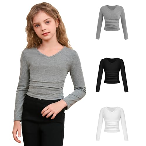 SOLY HUX 3 Pack Girl's Long Sleeve Shirts V Neck Basic T-Shirts Ruched Tops Spring Fall Layering Tees 8-12 Years2