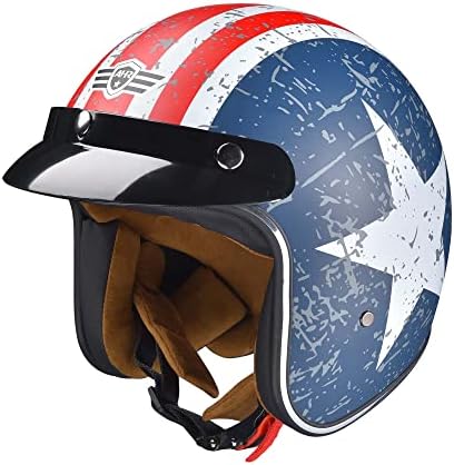 AHR Run-O5 3/4 Open Face Motorcycle Helmet with Visor Retro Vintage Moped Bobber Scooter Cruiser Helmet for Men Women DOT (Patriotic Flag Style, M)