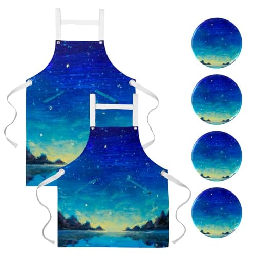 Lot de 2 tabliers de cuisine paysage nocturne réglables avec poches