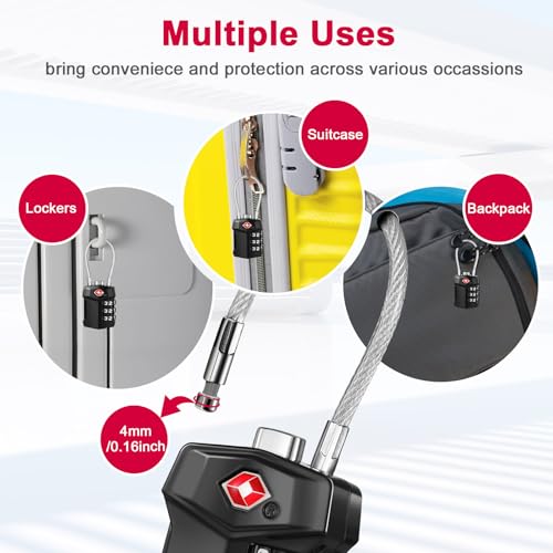 Image of ZHEGE TSA Approved Cable Luggage Lock, Travel Lock, Keyless Padlock (Black) | 3 Digit Combination for Suitcase, Backpack, Bag, Toolbox, Gym Locker - Easy to Read & Use for All Ages