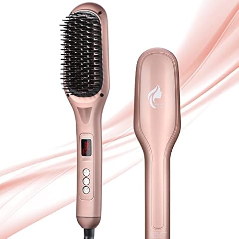 GRAPHENE TIMES Hair Straightener Brush, Ionic Hair Straightener Comb for Home Salon, Hot Brush with 15 Temp for Universal Use, Auto-Off Safety with Anti-Scald(Rose Gold) Cover